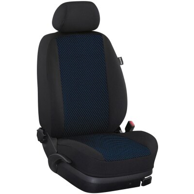 Ford Transit Nugget, ab Bj. 2013 - / Maßangefertigte Vordersitzbezüge für Pilotsitze mit integrierter Kopfstütze :: 102. Stoff Karo-blau / Stoff schwarz