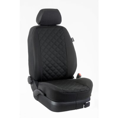 Ford Tourneo Custom, ab Bj. 2012 - / Maßangefertigte Vordersitzbezüge (2 Einzelsitze) :: K91. Kunstleder Karo-schwarz / Stoff schwarz / (15% Aufpreis)