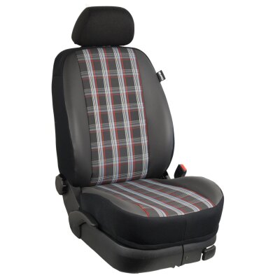 VW T5 Transporter / Caravelle, Bj. 2003 - 10/2009 / Maßangefertigte Vordersitzbezüge 3-Sitzer (Fahrersitz + Doppelbeifahrersitz) :: K103. Stoff GTI-rot / Kunstleder schwarz