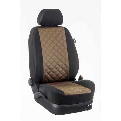 Maßangefertigte Vordersitzbezüge passend für Fiat Wohnmobile mit Pilotsitzen :: K96. Kunstleder Karo-braun / Stoff schwarz / (15% Aufpreis)