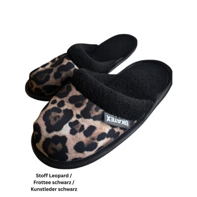 Hausschuhe passend zu Ihren Sitzbezug im Design "Stoff Leopard / Frottee schwarz / Kunstleder schwarz"