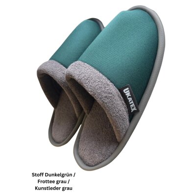 Hausschuhe passend zu Ihren Sitzbezug im Design "Stoff Dunkelgrün / Frottee grau / Kunstleder grau"