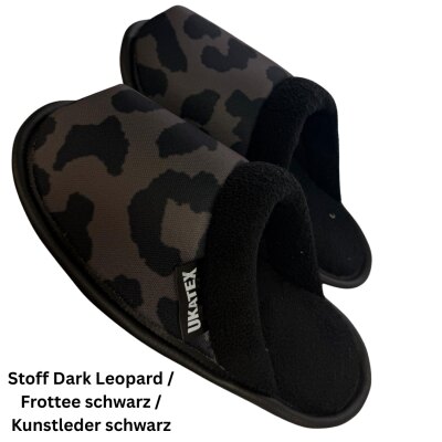 Hausschuhe passend zu Ihren Sitzbezug im Design "Stoff Dark Leopard / Frottee schwarz / Kunstleder schwarz" #1